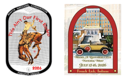 Two vintage-style event badges with horse and car illustrations on a white background
